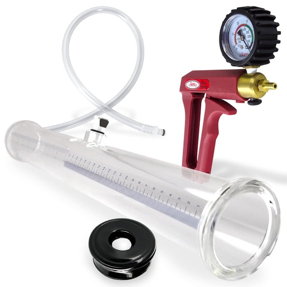 LeLuv Buddy Penis Pump | Red Maxi Handle + Protected Gauge | Double-Ended 22 inch Length x 2.25 inch Diameter Cylinder | 2x TPR Seals