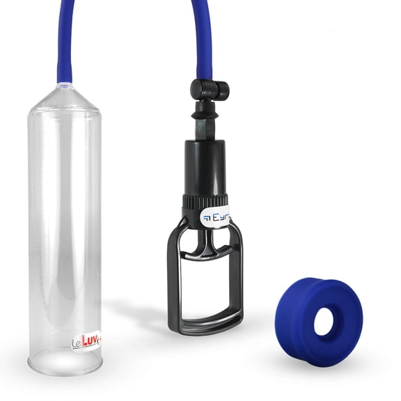 LeLuv EasyOp Penis Pump | Tgrip Handle + Blue Silicone Sleeve & Premium Smooth Silicone Hose | Clear 2.25" x 9" Cylinder