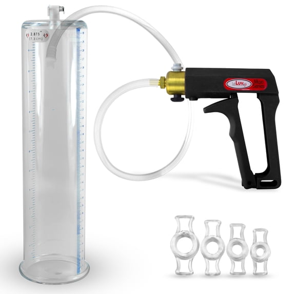 LeLuv Maxi Black Penis Pump | Clear Hose plus 4 Constriction Rings | 12" x 2.875" Cylinder
