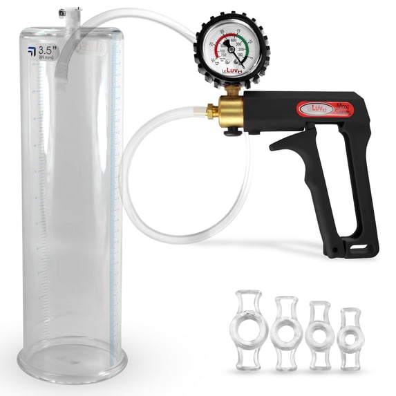 LeLuv Maxi Black Penis Pump + Protected Gauge | Clear Hose plus 4 Constriction Rings | 9" x 3.50" Cylinder