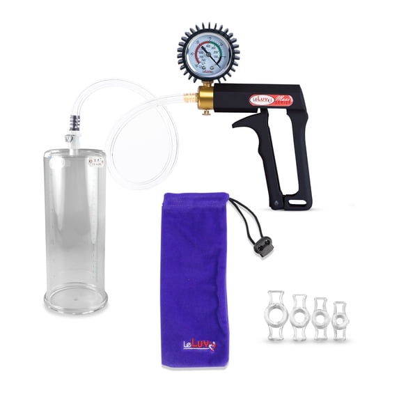 LeLuv Maxi Black Penis Pump + Protected Gauge | Clear Hose plus 4 Constriction Rings | 9" x 3.70" Cylinder