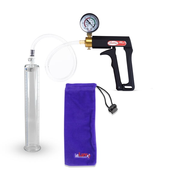 LeLuv Maxi Black Penis Pump + Vacuum Gauge | Clear Collapse-Resistant Hose | 12" x 2.00" Cylinder