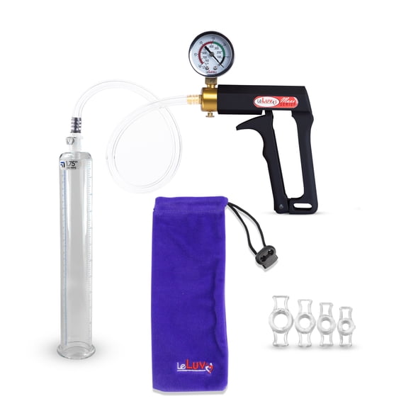 LeLuv Maxi Black Penis Pump + Vacuum Gauge | Clear Hose plus 4 Constriction Rings | 12" x 1.75" Cylinder