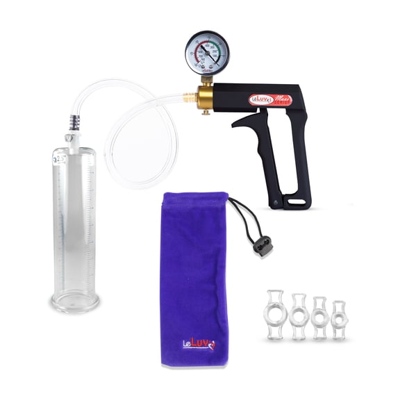 LeLuv Maxi Black Penis Pump + Vacuum Gauge | Clear Hose plus 4 Constriction Rings | 9" x 2.50" Cylinder