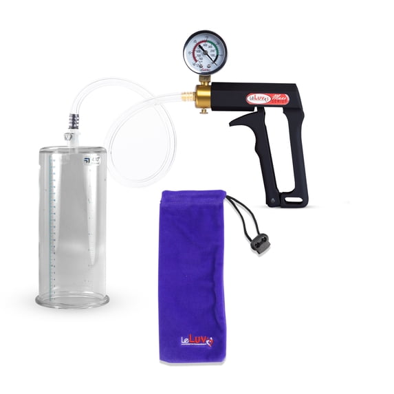 LeLuv Maxi Black Vacuum Penis Pump + Vacuum Gauge | Clear Collapse-Resistant Hose | 9" x 4.10" Cylinder