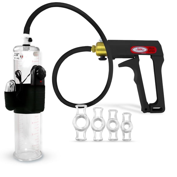 LeLuv Maxi Black Vibrating Penis Pump | Premuium Silicone Hose plus 4 Constriction Rings | 9" x 2.00" Cylinder