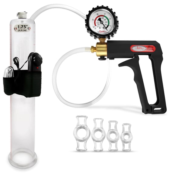 LeLuv Maxi Black Vibrating Penis Pump + Protected Gauge | Clear Hose plus 4 Constriction Rings | 12" x 1.75" Cylinder