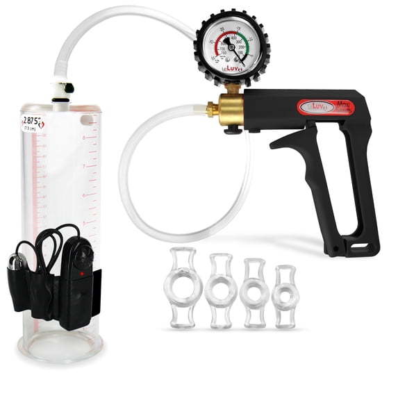 LeLuv Maxi Black Vibrating Penis Pump + Protected Gauge | Clear Hose plus 4 Constriction Rings | 9" x 2.875" Cylinder