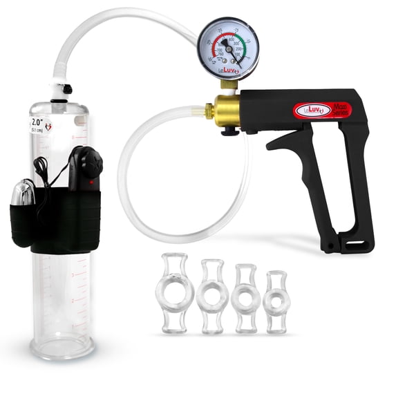LeLuv Maxi Black Vibrating Penis Pump + Vacuum Gauge | Clear Hose plus 4 Constriction Rings | 9" x 2.00" Cylinder