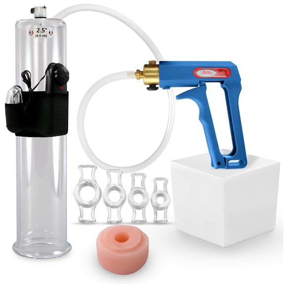LeLuv® Maxi Penis Pump w/ Blue Handle, Clear Hose | Donut, 4 Constriction Rings | 12" x 2.50" Vibrating Cylinder