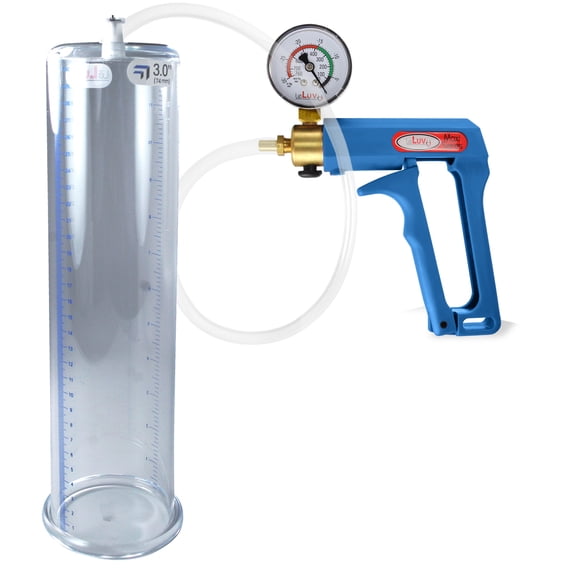 LeLuv Maxi Penis Pump w/ Blue Handle, Clear Hose + Gauge | 12" x 3.00" Cylinder