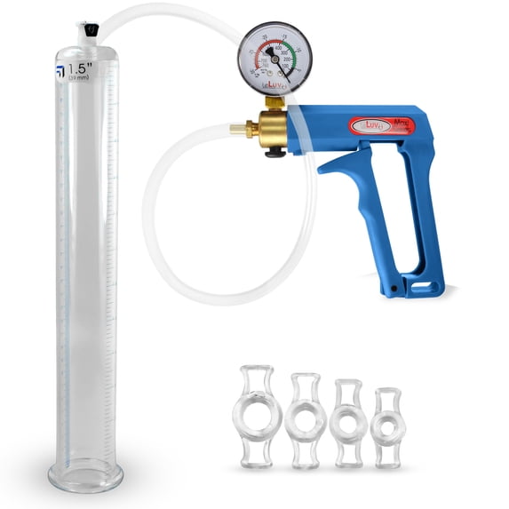 LeLuv Maxi Penis Pump w/ Blue Handle, Clear Hose + Gauge | 4 Constriction Rings | 12" x 1.50" Cylinder