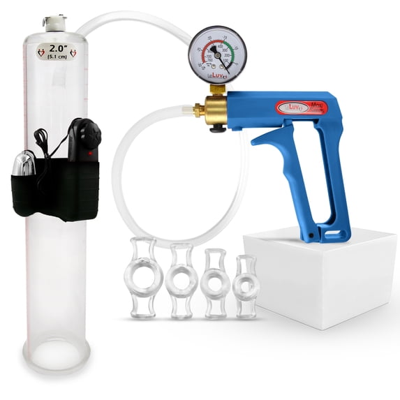 LeLuv Maxi Penis Pump w/ Blue Handle, Clear Hose + Gauge | 4 Constriction Rings | 12" x 2.00" Vibrating Cylinder