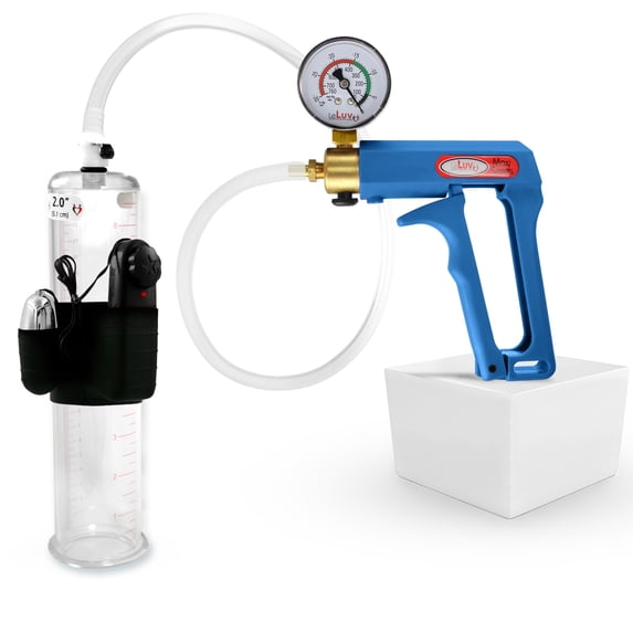 LeLuv Maxi Penis Pump w/ Blue Handle, Clear Hose + Gauge | 9" x 2.00" Vibrating Cylinder
