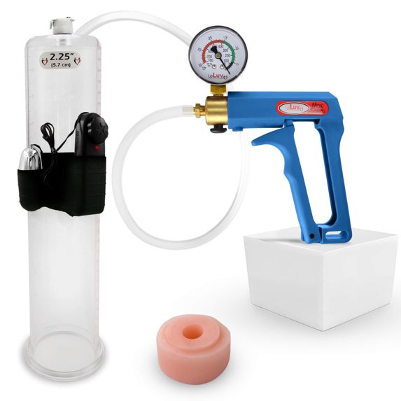 LeLuv® Maxi Penis Pump w/ Blue Handle, Clear Hose + Gauge | Donut | 12" x 2.25" Vibrating Cylinder
