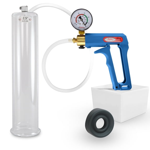 LeLuv Maxi Penis Pump w/ Blue Handle, Clear Hose + Gauge | TPR Sleeve | 12" x 2.50" Cylinder