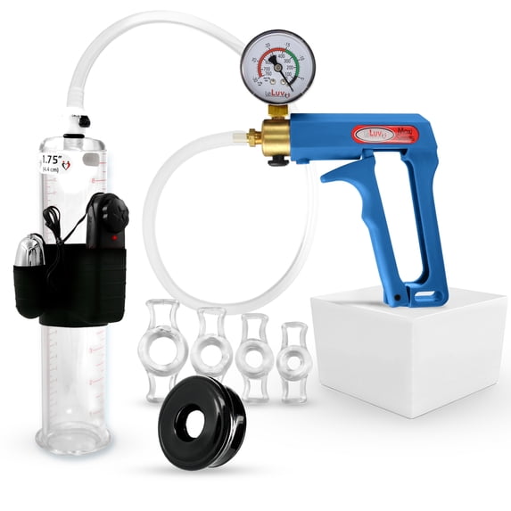 LeLuv Maxi Penis Pump w/ Blue Handle, Clear Hose + Gauge | TPR Sleeve, 4 Constriction Rings | 9" x 1.75" Vibrating Cylinder