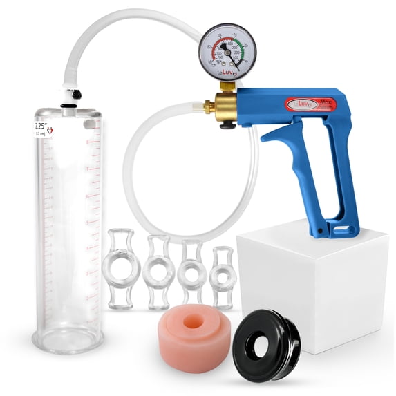 LeLuv® Maxi Penis Pump w/ Blue Handle, Clear Hose + Gauge | TPR Sleeve, Donut, 4 Constriction Rings | 9" x 2.25" Cylinder