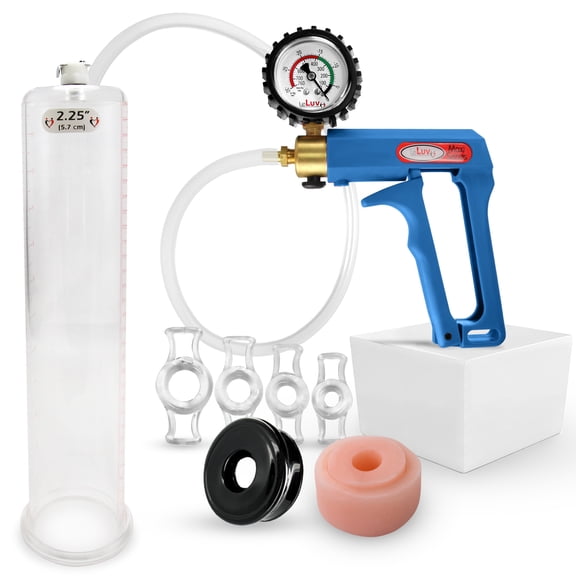 LeLuv® Maxi Penis Pump w/ Blue Handle, Clear Hose + Protected Gauge | TPR Sleeve, Donut, 4 Constriction Rings | 12" x 2.25" Cylinder