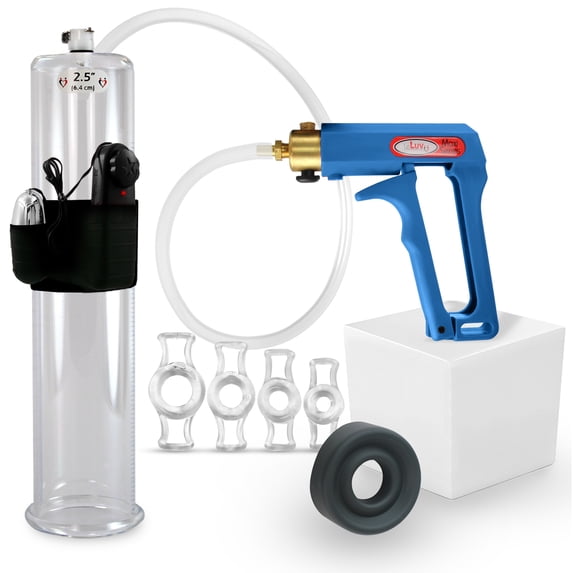 LeLuv Maxi Penis Pump w/ Blue Handle, Clear Hose | TPR Sleeve, 4 Constriction Rings | 12" x 2.50" Vibrating Cylinder