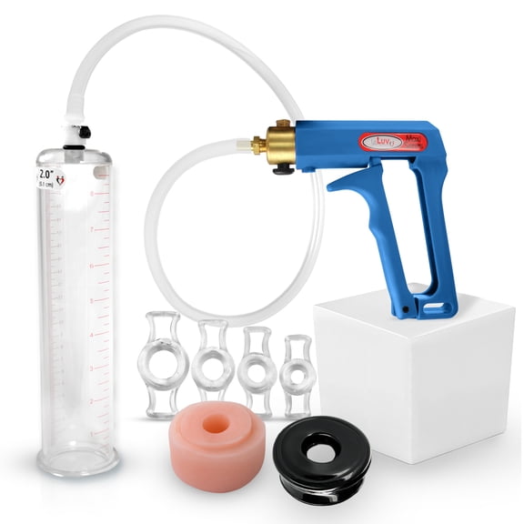 LeLuv® Maxi Penis Pump w/ Blue Handle, Clear Hose | TPR Sleeve, Donut, 4 Constriction Rings | 9" x 2.00" Cylinder
