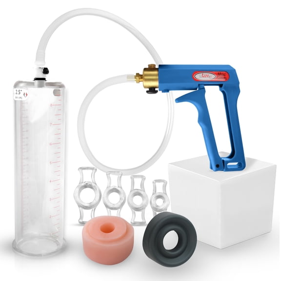 LeLuv® Maxi Penis Pump w/ Blue Handle, Clear Hose | TPR Sleeve, Donut, 4 Constriction Rings | 9" x 2.50" Cylinder
