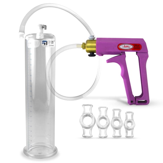 LeLuv Maxi Penis Pump w/ Purple Handle, Clear Hose | 4 Constriction Rings | 9" x 2.125" Cylinder