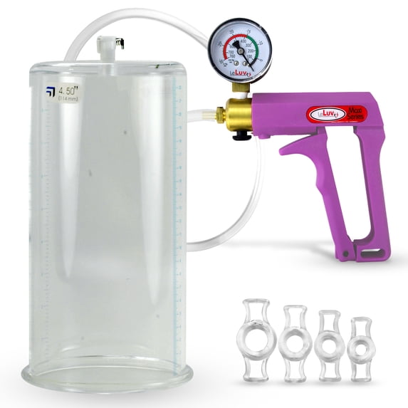 LeLuv Maxi Penis Pump w/ Purple Handle, Clear Hose + Guage | 4 Constriction Rings | 12" x 4.50" Cylinder