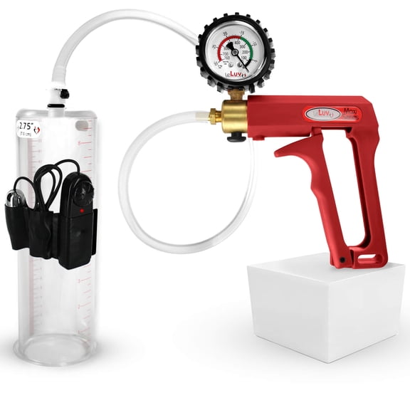LeLuv Maxi Vibrating Penis Pump | Red Handle + Protected Gauge, Clear Hose | 9" Length x 2.75" Diameter Cylinder