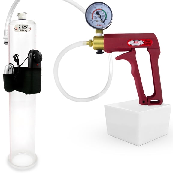 LeLuv Maxi Vibrating Penis Pump | Red Handle + Vacuum Gauge, Clear Hose | 12" Length x 2.125" Diameter Cylinder