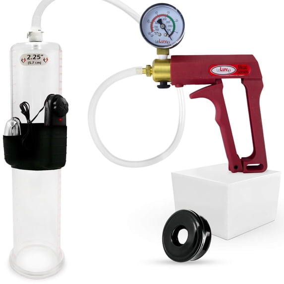LeLuv Maxi Vibrating Penis Pump | Red Handle + Vacuum Gauge, Clear Hose | Soft Black Comfort Seal | 12" Length x 2.25" Diameter Cylinder