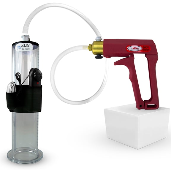 LeLuv Maxi Vibrating Penis Pump | Red Vacuum Handle, Clear Hose | 9" Length x 2.125" Diameter Wide Flange Cylinder
