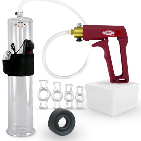 LeLuv Maxi Vibrating Penis Pump | Red Vacuum Handle, Clear Hose | Comfort Seal & Constriction Rings | 12" Length x 2.50" Diameter Cylinder