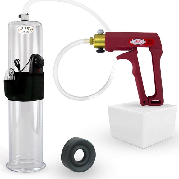 LeLuv Maxi Vibrating Penis Pump | Red Vacuum Handle, Clear Hose | Soft Black Comfort Seal | 12" Length x 2.75" Diameter Cylinder