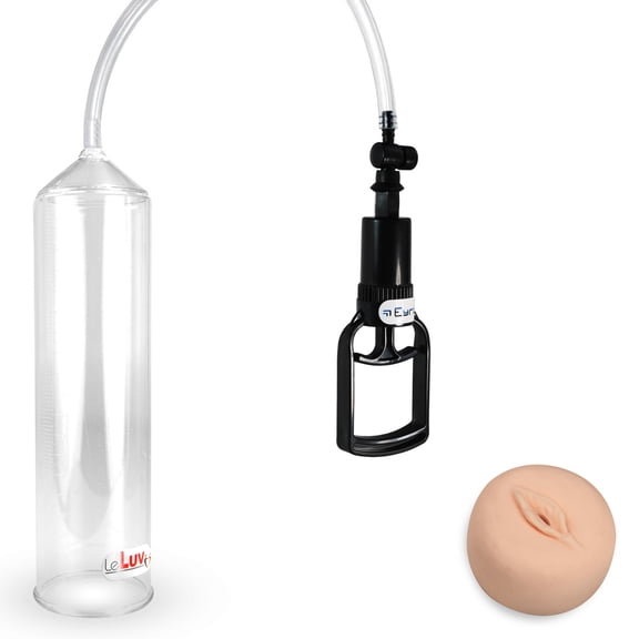 LeLuv Penis Pump Easyop Clear 2.25" x 9" Cylinder Clear Hose Tgrip Handle Clear Kink-Resistant Hose + Vagina Donut