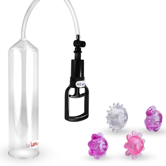 LeLuv Penis Pump Easyop Clear 2" Diameter x 9" Length Cylinder Tgrip Handle + 4 Stretchy Cock Rings