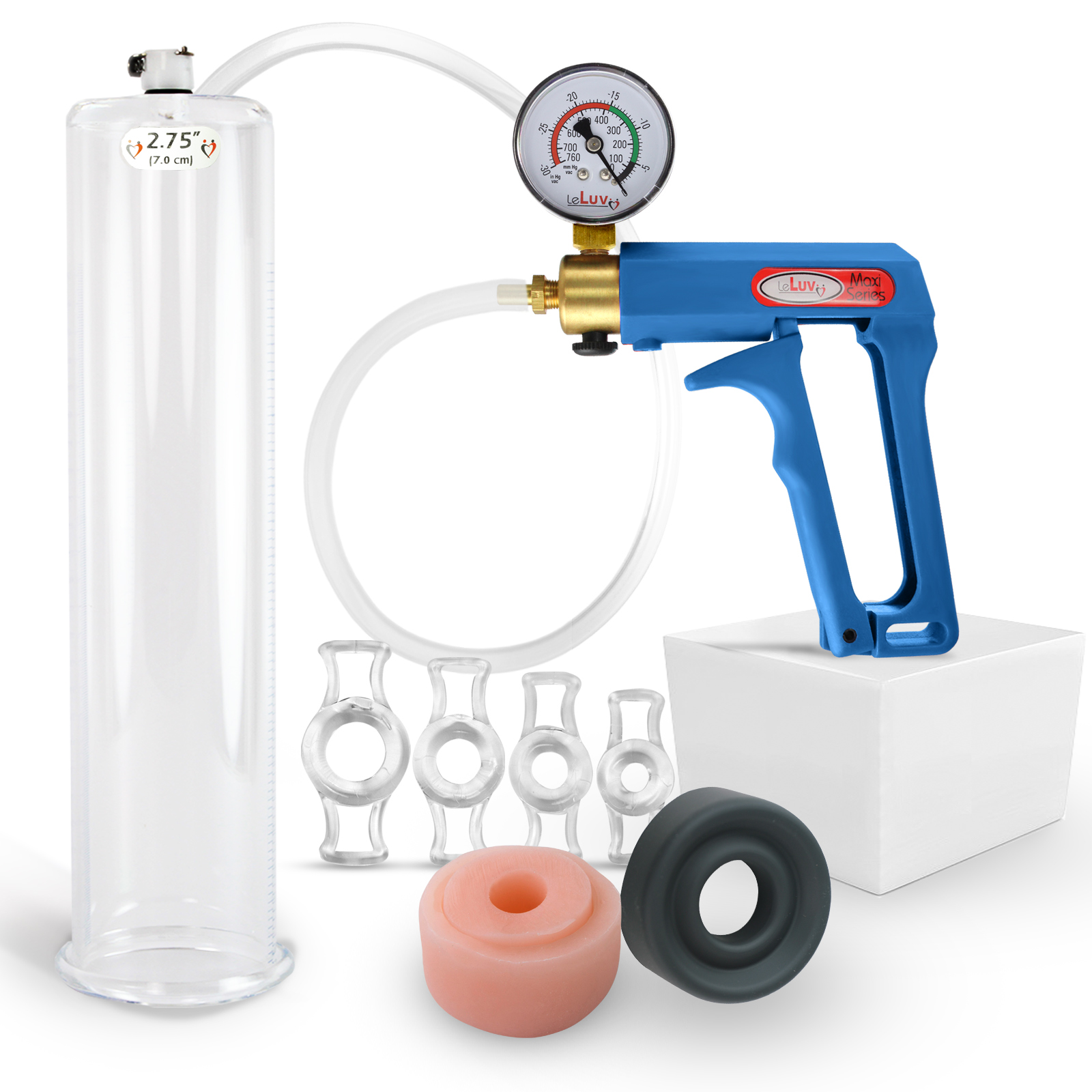 LeLuv Penis Pump Maxi Blue + Gauge Clear Hose, Donut, Vacuum Seal and