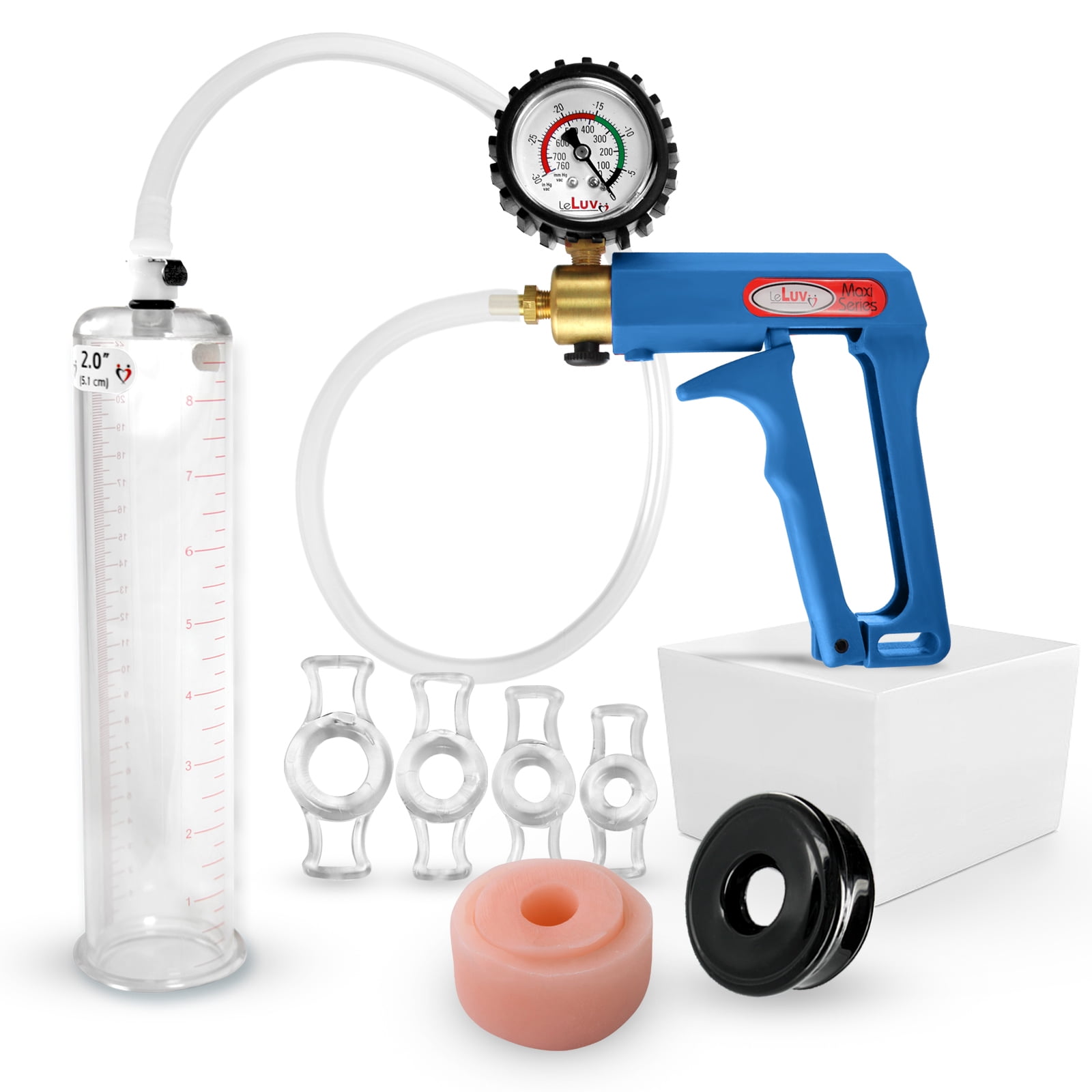 Leluv Penis Pump Maxi Blue Protected Gauge Clear Hose Donut