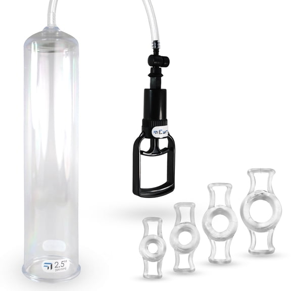 LeLuv Penis Pump Vacuum Easyop Tgrip 2.5" x 12" Cylinder Clear Hose Kit 4 Constriction Rings