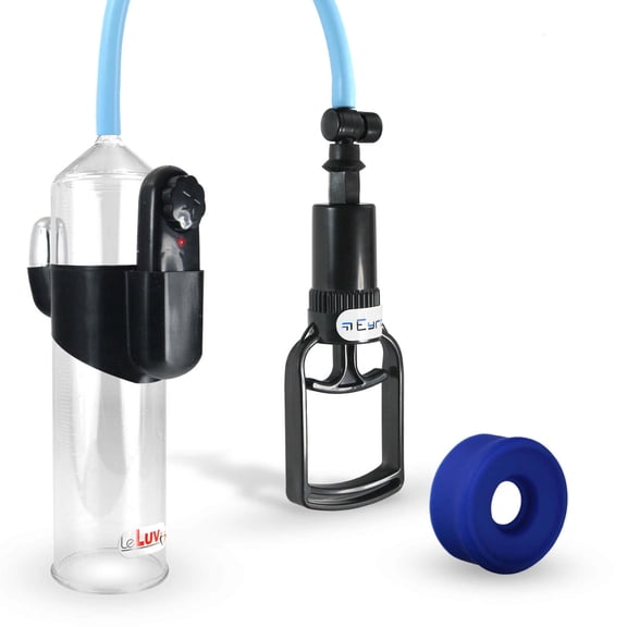 LeLuv Penis Pump Vibrating Easyop Tgrip 2.25" x 9" Cylinder Uncoated Silicone Hose Kit Blue Silicone Sleeve