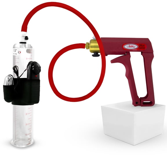 LeLuv® Premium Maxi Penis Pump w/ Red Handle, Silicone Hose | 9" x 1.50" Vibrating Cylinder