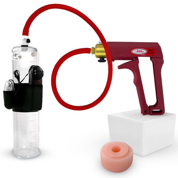 LeLuv® Premium Maxi Penis Pump w/ Red Handle, Silicone Hose | Donut | 9" x 2.00" Vibrating Cylinder