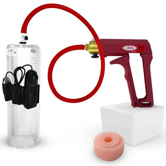 LeLuv® Premium Maxi Penis Pump w/ Red Handle, Silicone Hose | Donut | 9" x 2.75" Vibrating Cylinder