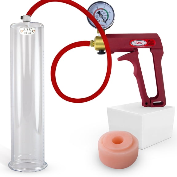 LeLuv® Premium Maxi Penis Pump w/ Red Handle, Silicone Hose + Gauge | Donut | 12" x 2.75" Cylinder