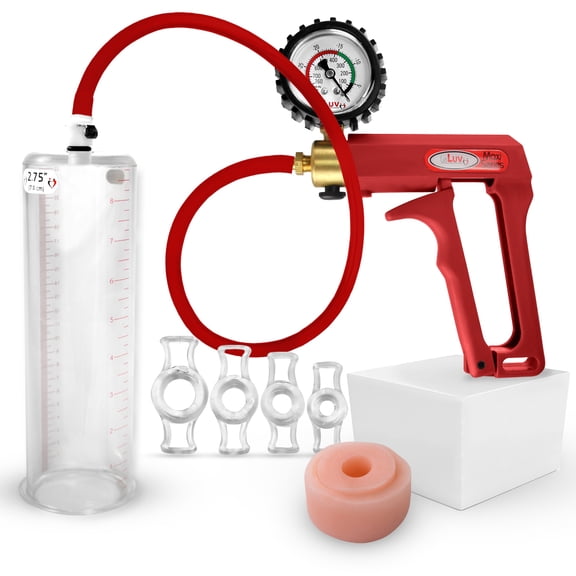 LeLuv® Premium Maxi Penis Pump w/ Red Handle, Silicone Hose + Protected Gauge | Donut, 4 Constriction Rings | 9" x 2.75" Cylinder