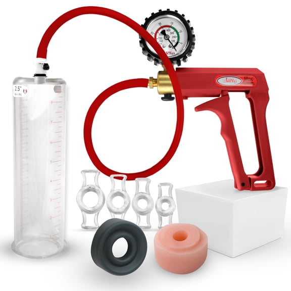 LeLuv® Premium Maxi Penis Pump w/ Red Handle, Silicone Hose + Protected Gauge | TPR Sleeve, Donut, 4 Constriction Rings | 9" x 2.50" Cylinder