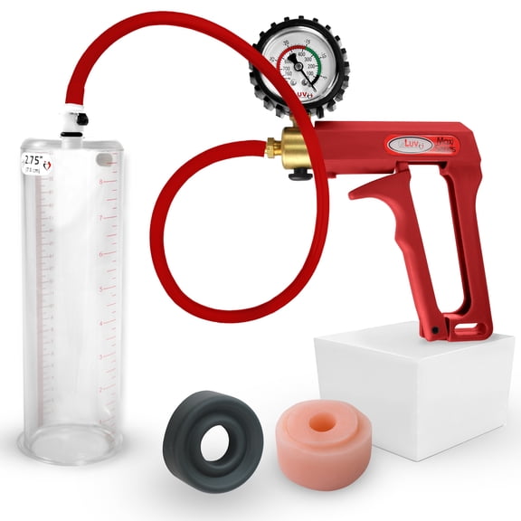 LeLuv® Premium Maxi Penis Pump w/ Red Handle, Silicone Hose + Protected Gauge | TPR Sleeve, Donut | 9" x 2.75" Cylinder