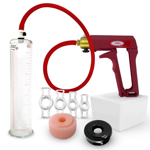 LeLuv® Premium Maxi Penis Pump w/ Red Handle, Silicone Hose | TPR Sleeve, Donut, 4 Constriction Rings | 9" x 2.125" Cylinder