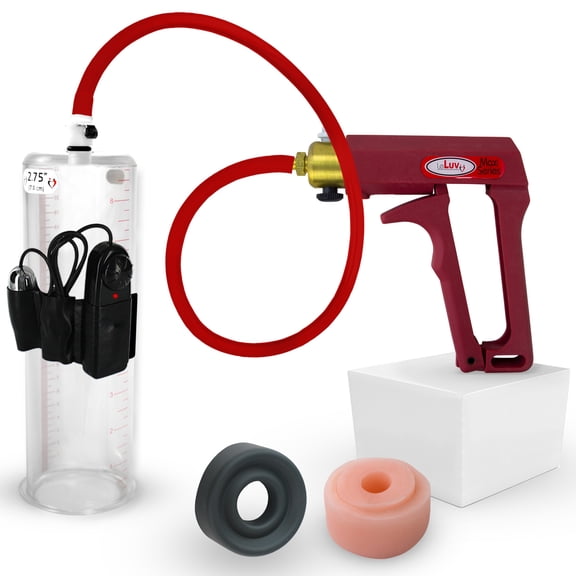 LeLuv® Premium Maxi Penis Pump w/ Red Handle, Silicone Hose | TPR Sleeve, Donut | 9" x 2.75" Vibrating Cylinder