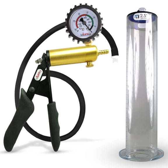 LeLuv® Premium Ultima Penis Pump, Brass Handle w/ Black Silicone Grips & Hose + Protected Gauge | 12" x 2.50" Cylinder Wide Flange Cylinder
